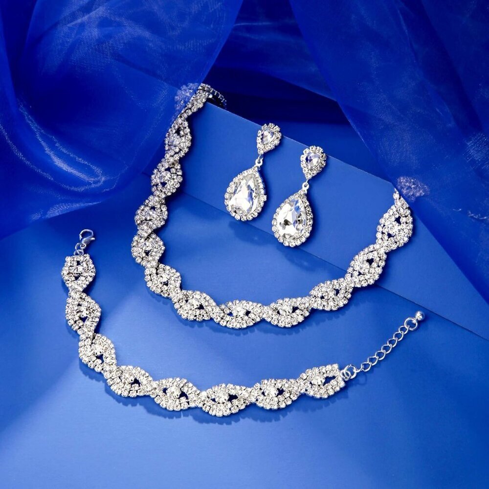 Women Jewelry Set Rhinestone Crystal Necklace Earrings Bracelet Elegant Gift